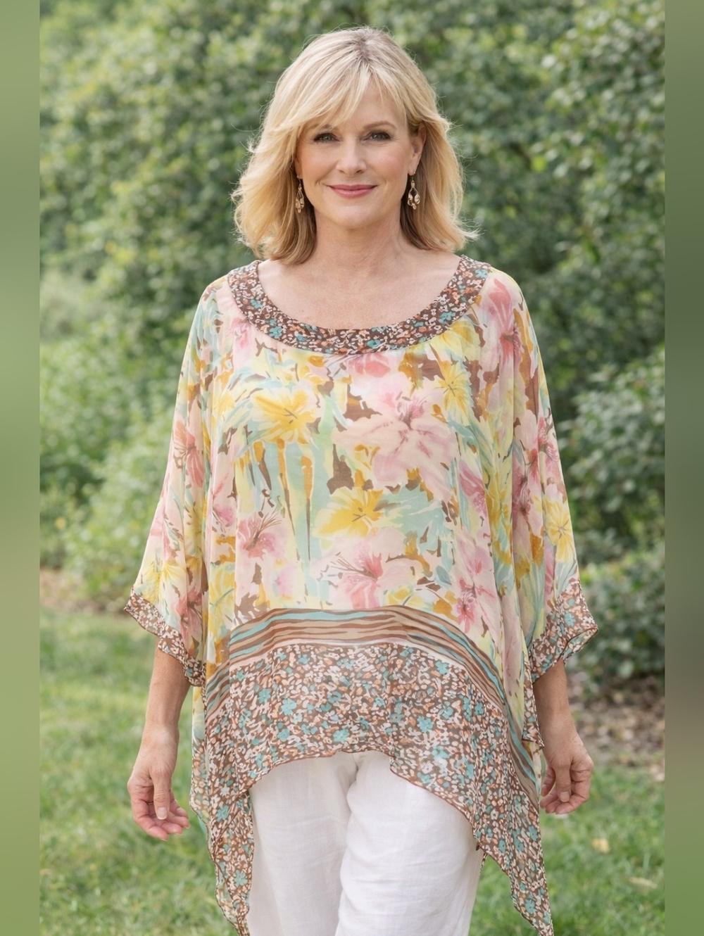 Coldwater Creek 100% Silk Top Sheer Poncho Kimono Kaftan Floral Tunic Sz L/XL